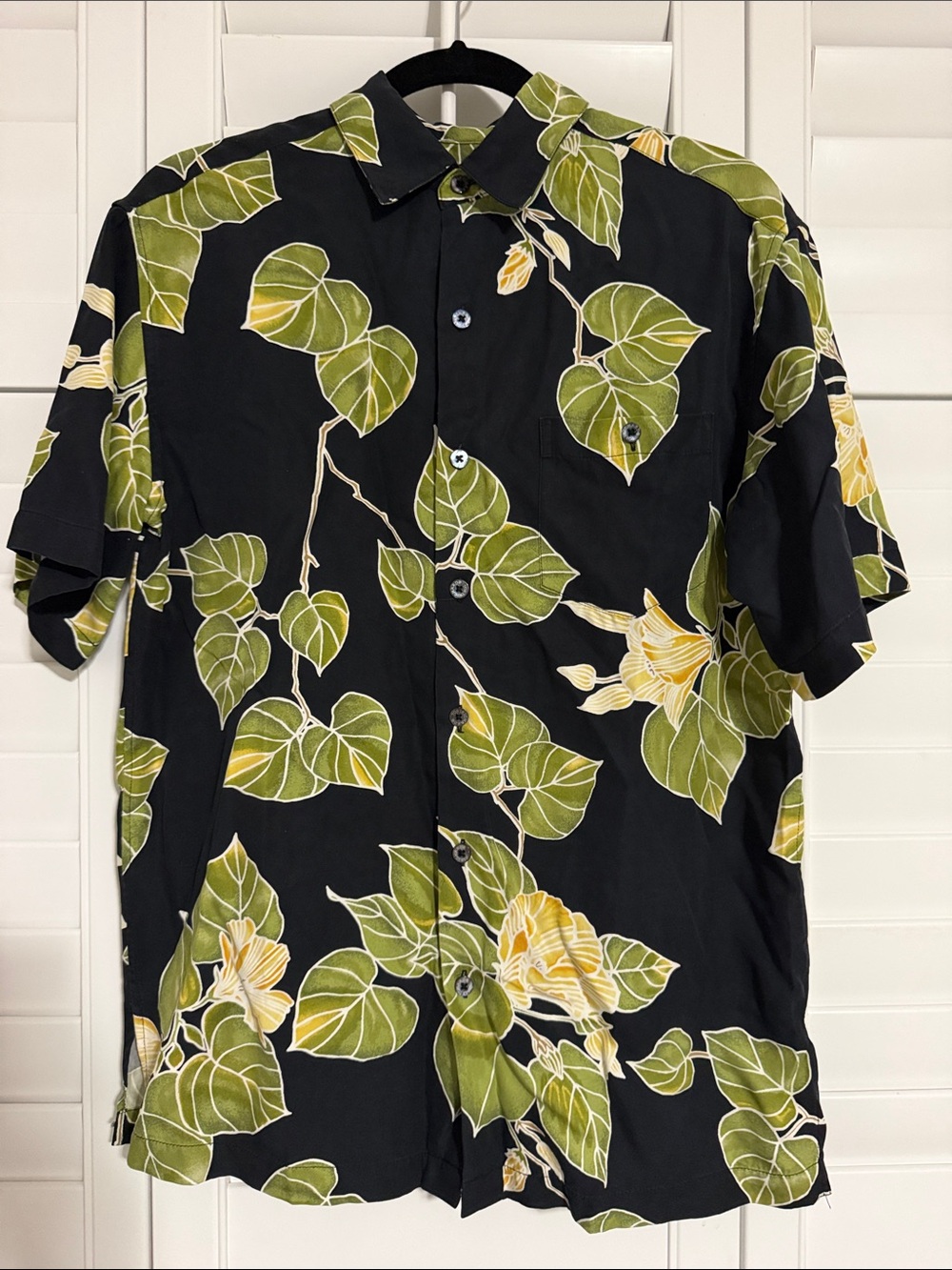 Tori Richard Black Hawaiian Shirt with Green and Cream Floral Leaves